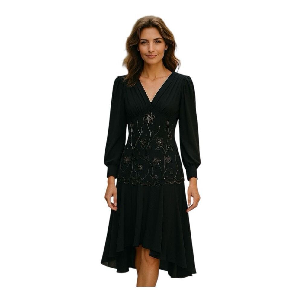 Vintage Lillie Rubin 8 Drop Waist Swing Dress Black Beaded Floral Sheer Sleeve